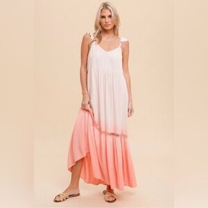 🟤NEW! HEM & THREAD Dip Dyed Ruffled Maxi Dress in Peach/White SMALL